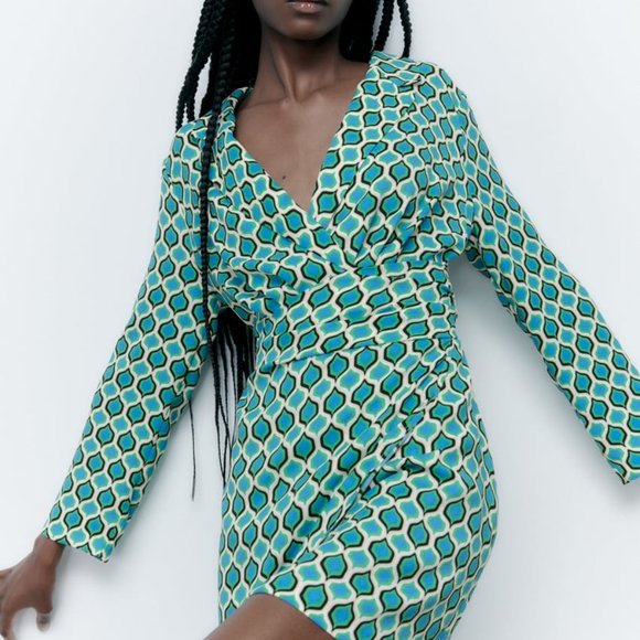 ZARA GEOMETRIC PRINT BLAZER DRESS BLUE